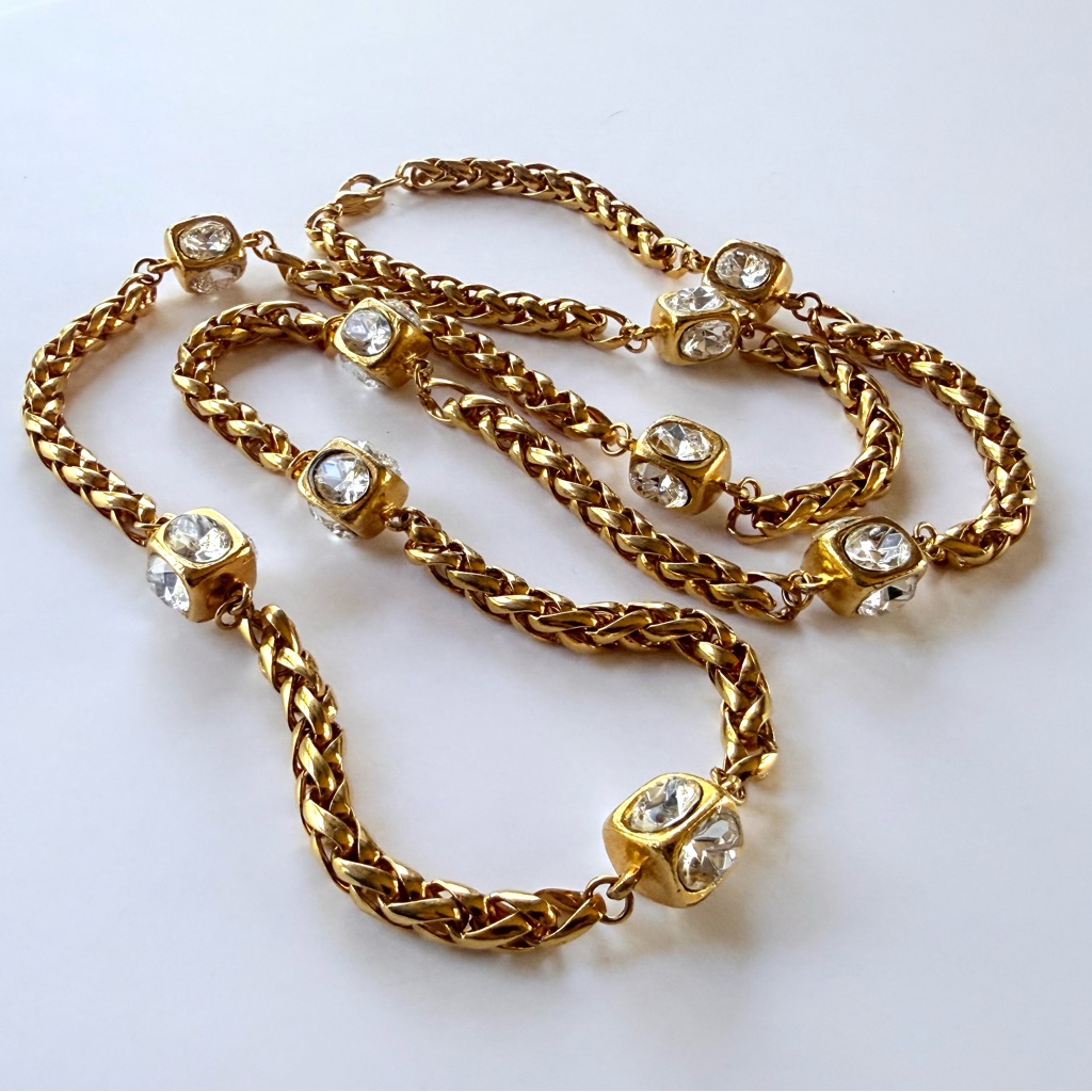 Vintage French Couture Style Gold Tone Chain Sautoir Rhinestone Station Necklace